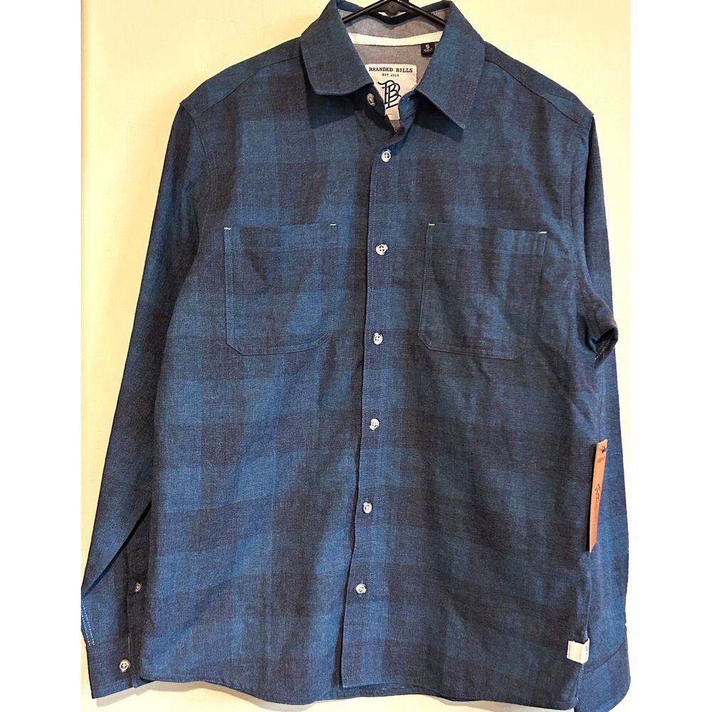 NEW! Branded Bills Myca Plaid Button-Up NWT Blue Chevron Men's Size Small